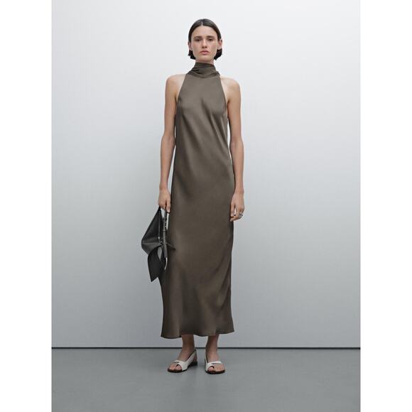 Massimo Dutti Halter High Neck Satin Midi Dress with Tie Detail Brown NEW Size M - Picture 1 of 16